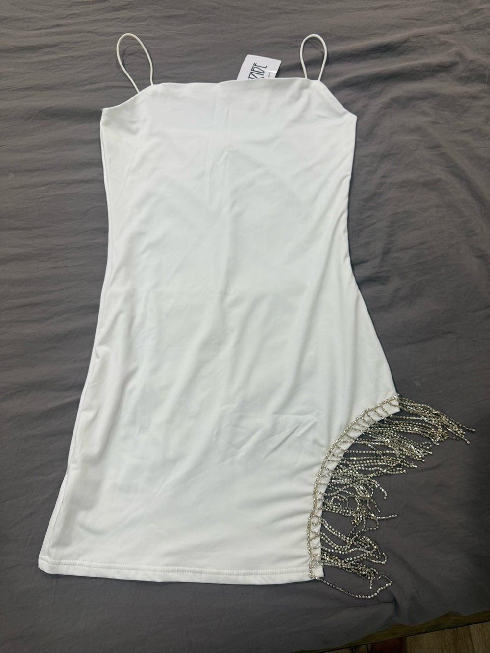 12th Tribe White Slip Mini Dress with Rhinestone Fringe